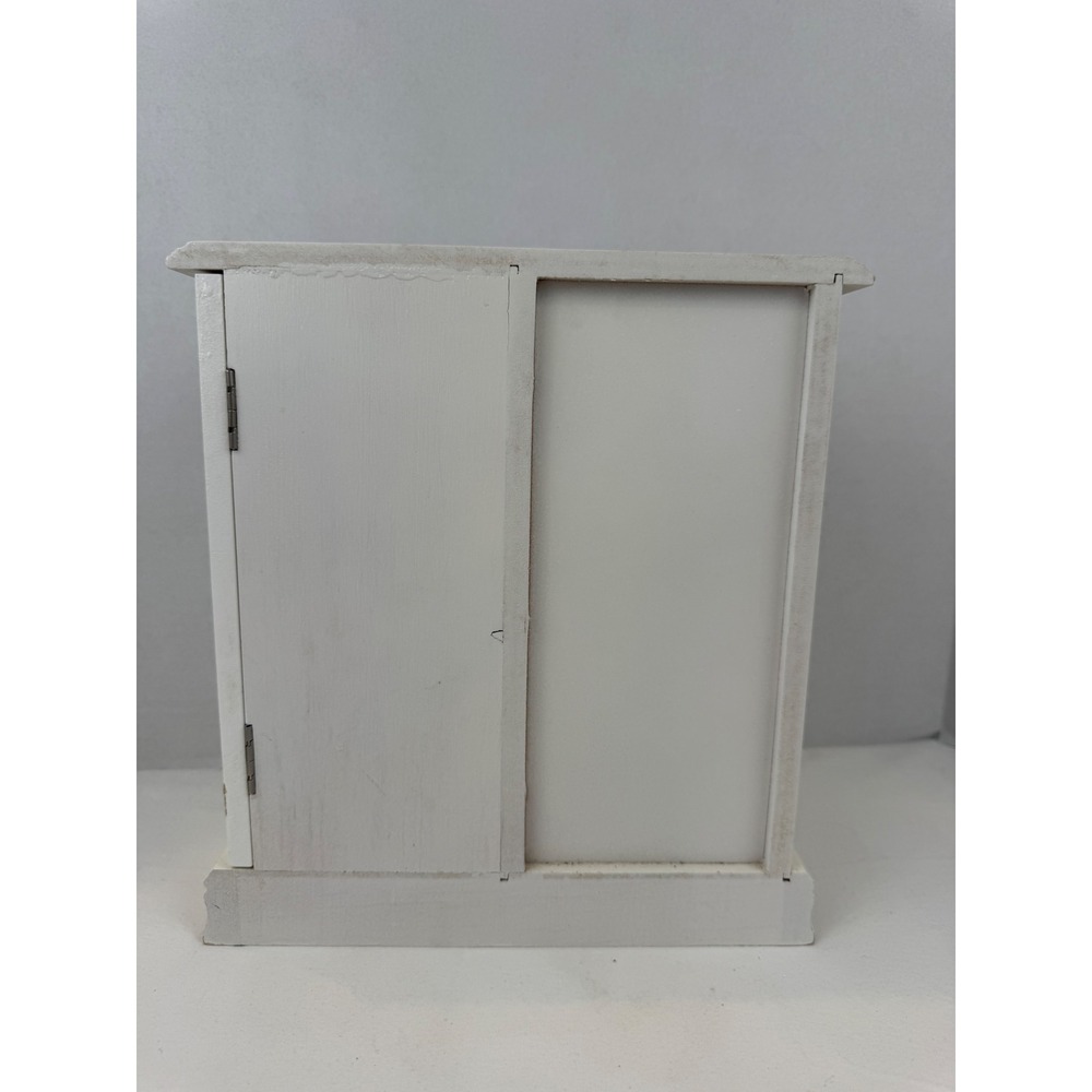 Vintage White Wooden Jewelry Armoire Cathedral Glass Door Tabletop Chest Mirror - Picture 5 of 14
